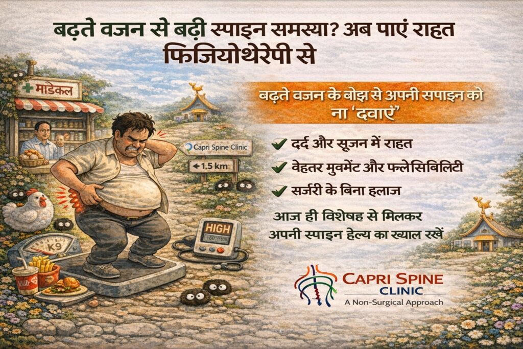 Overweight person suffering from spine pain with physiotherapy solution for non surgical recovery and pain relief