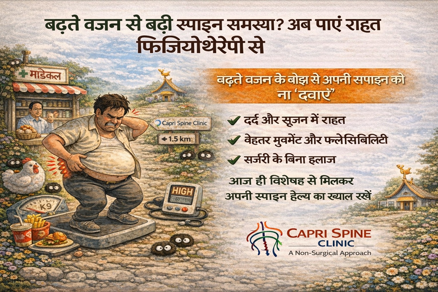 Overweight person suffering from spine pain with physiotherapy solution for non surgical recovery and pain relief