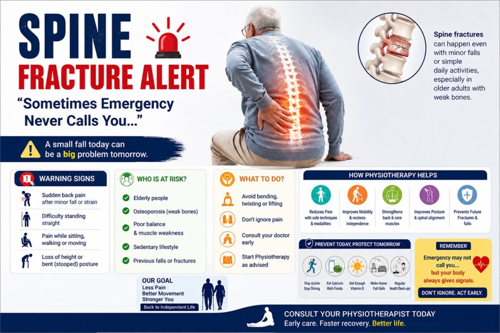 Spine fracture warning signs, symptoms, causes and physiotherapy treatment infographic