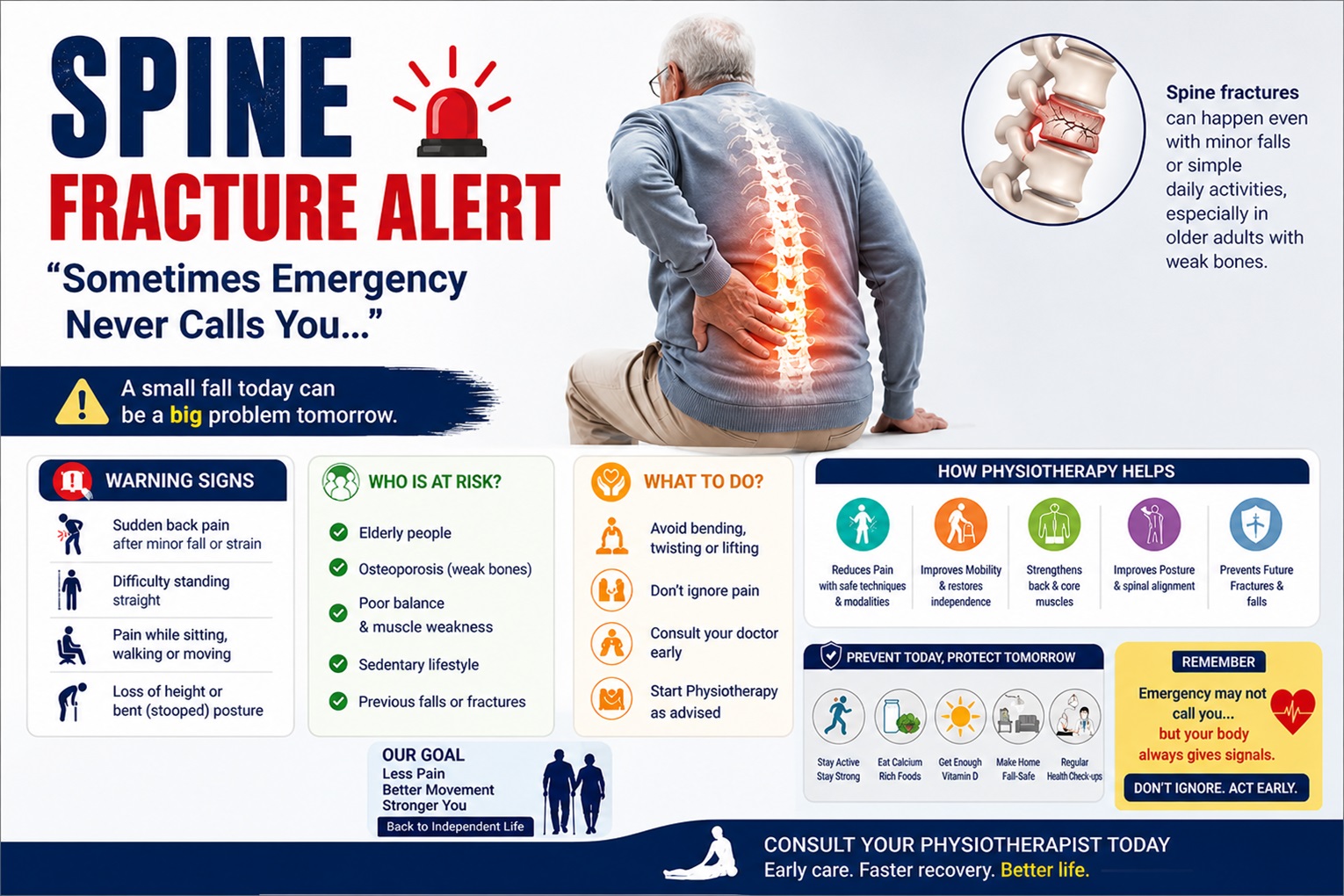 Spine fracture warning signs, symptoms, causes and physiotherapy treatment infographic